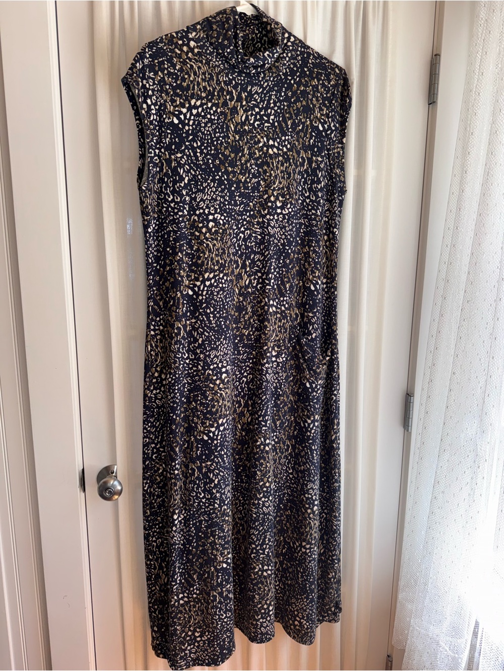 Garnet Hill Navy Midi Dress with Gold and Cream Animal Print